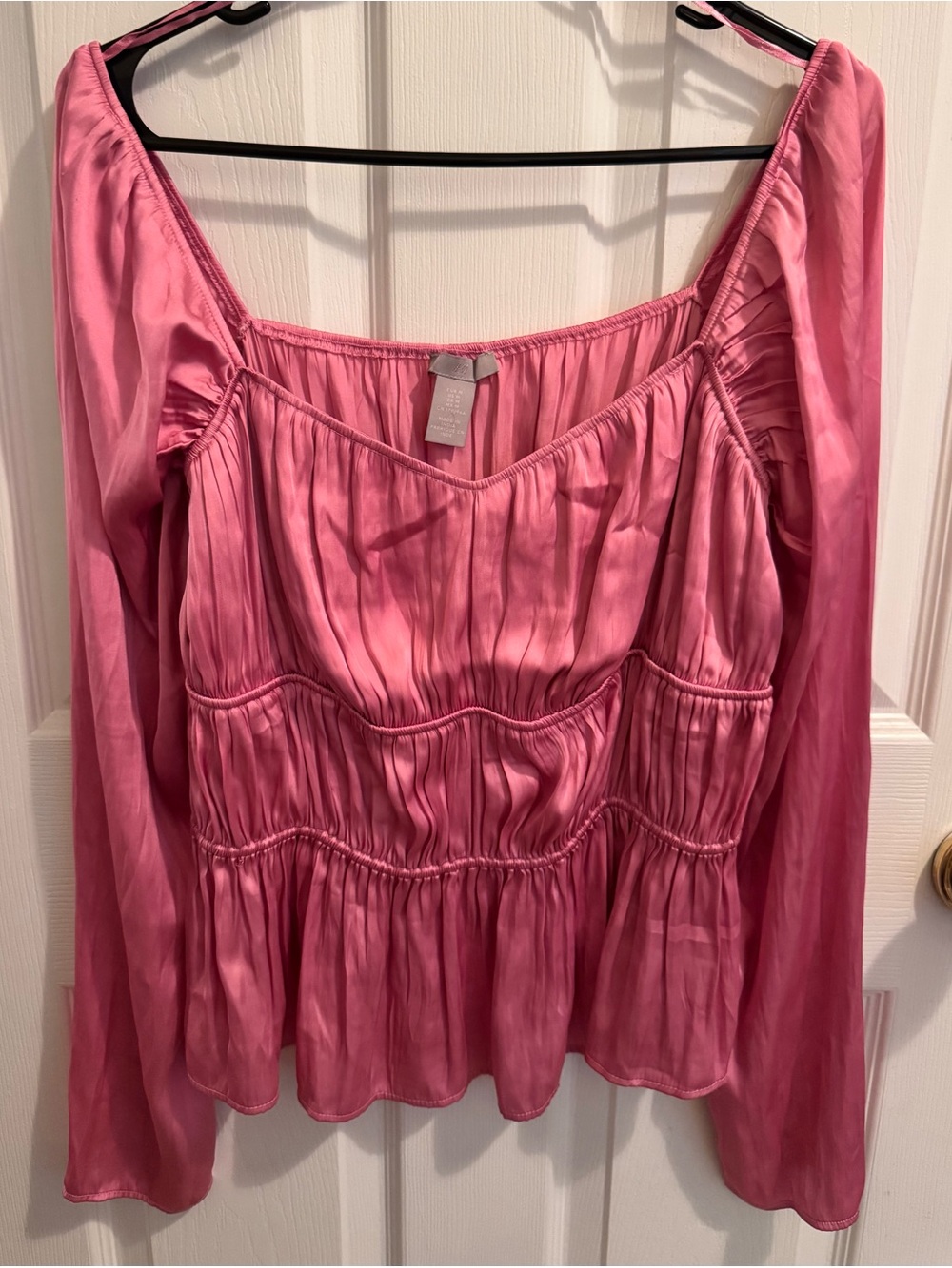 H&M Pink Satin Peasant-Style Long Sleeve Blouse